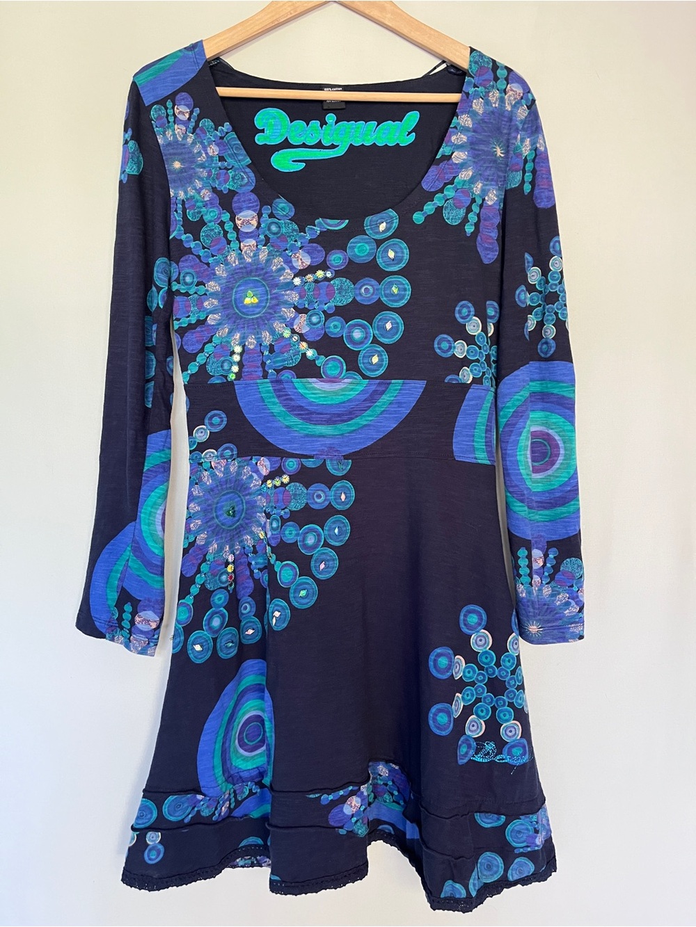 Desigual Mandala Print 100% Cotton Dress Scoop Neckline Long Sleeved Size L
